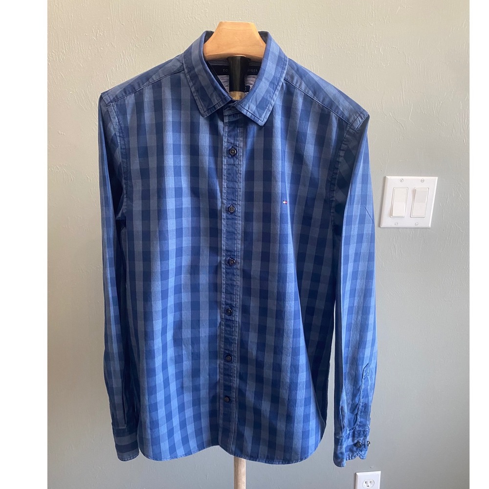 Tommy Hilfiger Mens Blue Gingham Buffalo‎ Check Button Down Custom Fit Shirt L